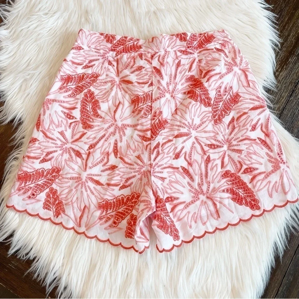 New White and Coral Maia 100% Cotton Embroidered High Waist Shorts